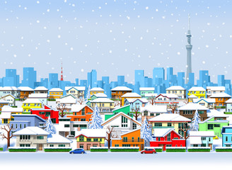 Orthogonal with Tokyo residential area during snowfall by 3d rendering
