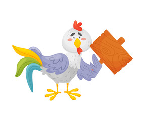 Gray rooster holds a plate,. Vector illustration on a white background.