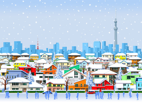 Tokyo Residential Area And Residents Orthogonality During Snowfall By 3d Rendering