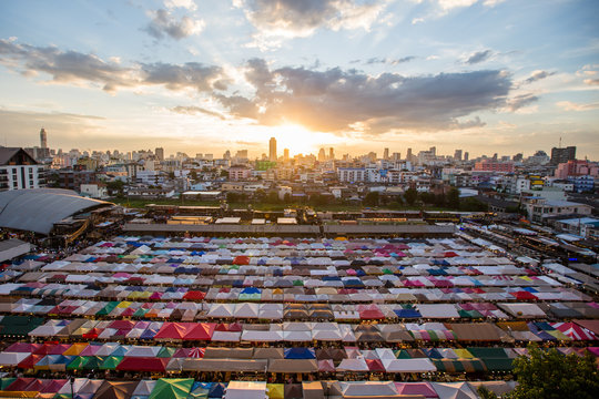 Bangkok, Thailand - JULY 13, 2019 Bangkok City panorama of Ratchada Night Market with colorful tents for shopping.
