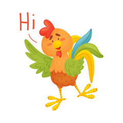 Cartoon brown rooster welcomes. Vector illustration on a white background.