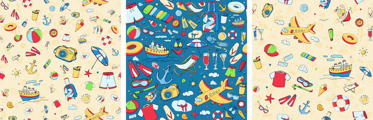 Set of vector seamless pattern with multicolour funny doodle summer symbols for a beach holiday. Colorful hand drawn illustration