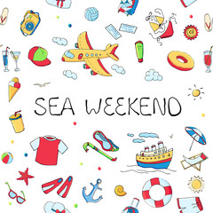 Cards or banners with colorful funny doodle summer symbols for a beach holiday and text message. Hand drawn sketch elements. Vector illustration for poster