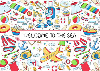 Cards or banners with colorful funny doodle summer symbols for a beach holiday and text message. Hand drawn sketch elements. Vector illustration for poster