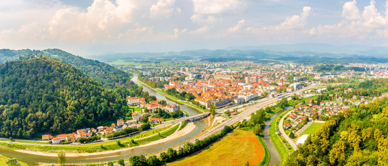 Panoramic view at the Celje Town from Old Castle of Celje in Slovenia
