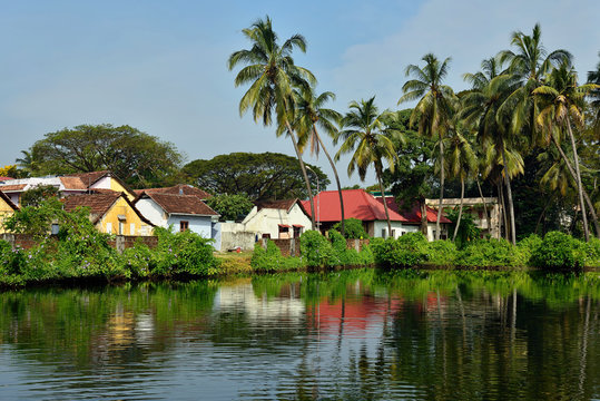 Traditional building development in Kochin, in the background reflecting the tropical flora in the water, Kerala - India.