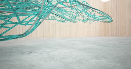 Abstract smooth  concrete, glass lines and wood interior  with window. 3D illustration and rendering.
