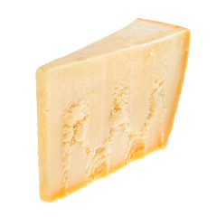 tasty fresh yellow big portion of parmigiano cheese is isolated on white background, close up
