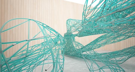 Abstract smooth  concrete, glass lines and wood interior  with window. 3D illustration and rendering.