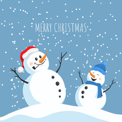 Postcard with happy snowmans. Christmas greeting card in cartoon style. New year poster