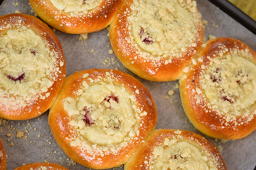 Open buns with cottage cheese, vatrushka and shtreyzelem on the baking sheet.