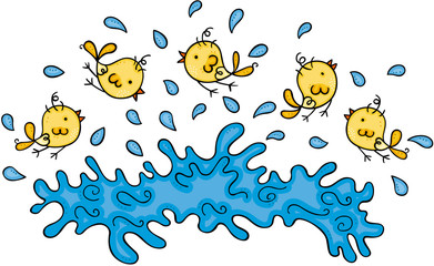 Five little birds playing in water