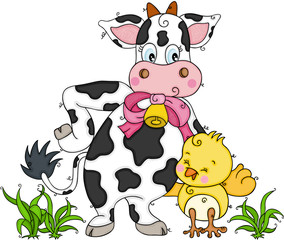 Funny cow and yellow bird best friends