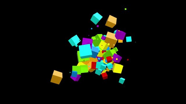 Chaotic multicolored cubes particles movement - abstract looped background. Option with black background and alpha channel.
