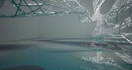 Abstract smooth white lines and blue water parametric interior with neon lights. 3D illustration and rendering.