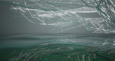 Abstract smooth white lines and blue water parametric interior with neon lights. 3D illustration and rendering.