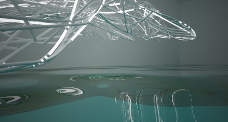 Abstract smooth white lines and blue water parametric interior with neon lights. 3D illustration and rendering.