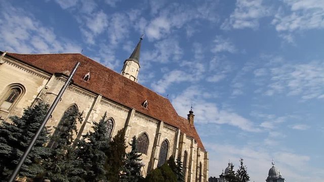 Downtown Cluj, Romania. The Historical Church Of Saint Michael's Time Lapse