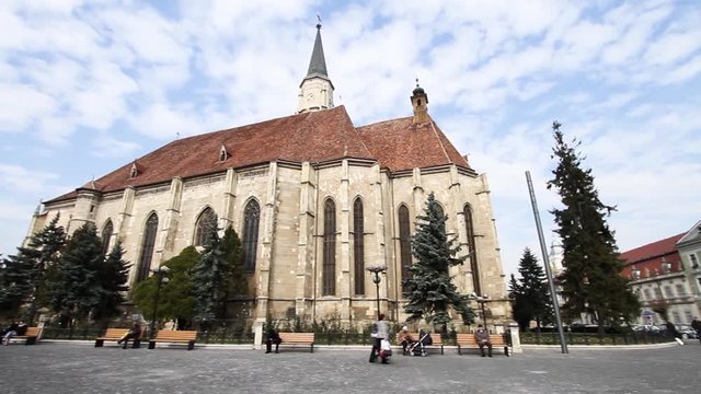 Downtown Cluj, Romania Main Square. The Historical Church Of Saint Michael's