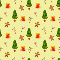 Seamless pattern with watercolor spruce, ginger man, gift, candies. Hand drawn illustration isolated. Template is perfect for christmas and vintage design, wrapping, wallpaper, card, poster