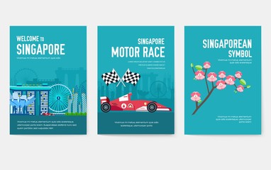 Country Singapore travel vacation guide of goods, places and features. Set of architecture, items, nature background concept. Infographic template design for web and mobile on flat style