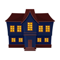 Blue big scary house with a brown roof. Vector illustration.