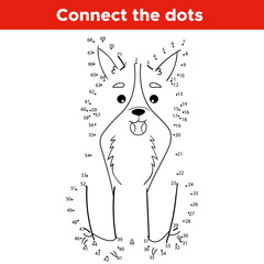 Dot to dot number game for kids. Educational activity worksheet. Cute cartoon Welsh Corgi with ball. Learn count. Coloring page