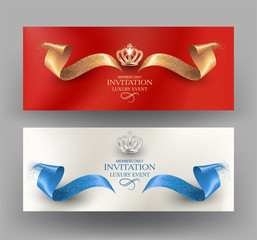Elegant invitation banners with curly cut ribbons. Vector illustration