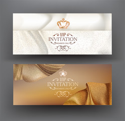 Grand opening blue and gold cards with curly sparkling ribbons. Vector illustration