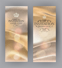 Golden invitation cards with silk fabric on the background. Vector illustration