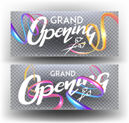 Grand opening banners with levitating ribbons and lettering. Vector illustration