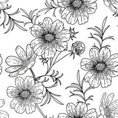 Black and white cosmos flower seamless pattern
