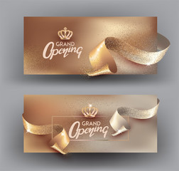 Vip invitation golden cards with sparkling ribbons. Vector illustration