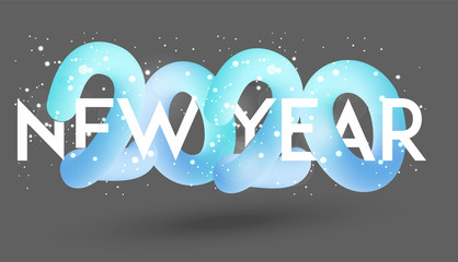 New year 2020 banner with falling snow and volume levitating numbers. Vector illustration