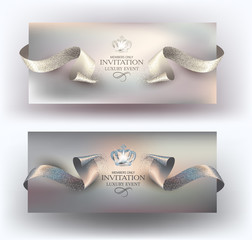 VIP invitation cards with cut sparkling ribbons. Vector illustration