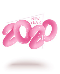 Pink volume levitating numbers 2020 in frame. New year 2020. Vector illustration