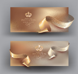 Invitation golden cards with curly cut ribbons. Vector illustration