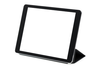 Tableta sobre fondo blanco en soporte gris izquierda