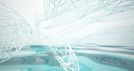 White smooth lines abstract architectural background with water. 3D illustration and rendering