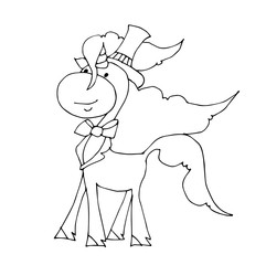 Coloring book for kids - unicorn gentleman. Black and white cute cartoon unicorns. Vector illustration.	
