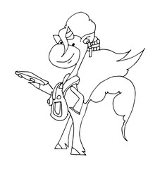 Coloring book for kids - unicorn with a backpack and a phone in his hands. Black and white cute cartoon unicorns. Vector illustration.	
