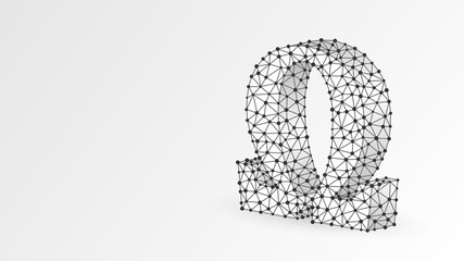 Omega, the letter of a Greek alphabet. Greek numerals, mathematical eight hundred number concept. Abstract, digital, wireframe, low poly mesh, Raster white origami 3d illustration. Triangle, line dot
