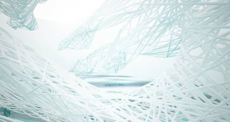 White smooth lines abstract architectural background with water. 3D illustration and rendering