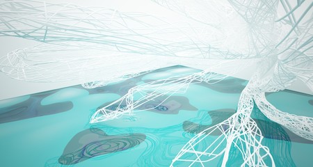 White smooth lines abstract architectural background with water. 3D illustration and rendering