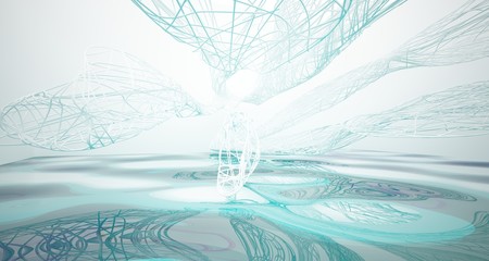White smooth lines abstract architectural background with water. 3D illustration and rendering