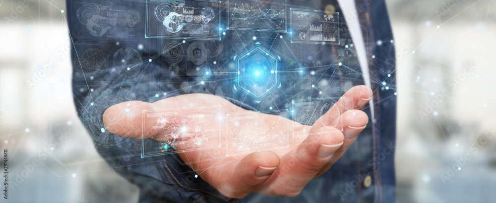 Fototapete Businessman using digital technological interface with datas 3D rendering