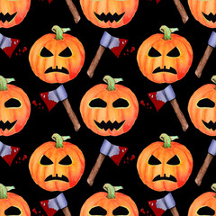 Seamless halloween hand drawn watercolor pattern. Horror pumpkins with face and axes with blood on black background