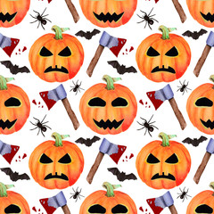 Seamless halloween hand drawn watercolor pattern. Horror and happy pumpkins with face, bats, spiders and axes with blood on white background