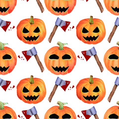 Seamless halloween hand drawn watercolor pattern. Horror pumpkins with face and axes with blood on white background