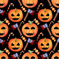 Seamless halloween hand drawn watercolor pattern. Horror pumpkins with face, axes with blood, and candies on black background
